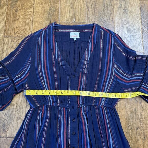 Anthropologie Sundry Dress Sz 1 Navy Striped Metallic Ruffle Midi Boho Peasant - Picture 5 of 8
